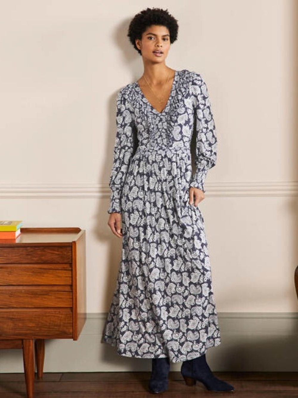 Boden Paisley Print Ruffle Stretch Jersey Long Sleeve Maxi Dress Navy Blue US 14